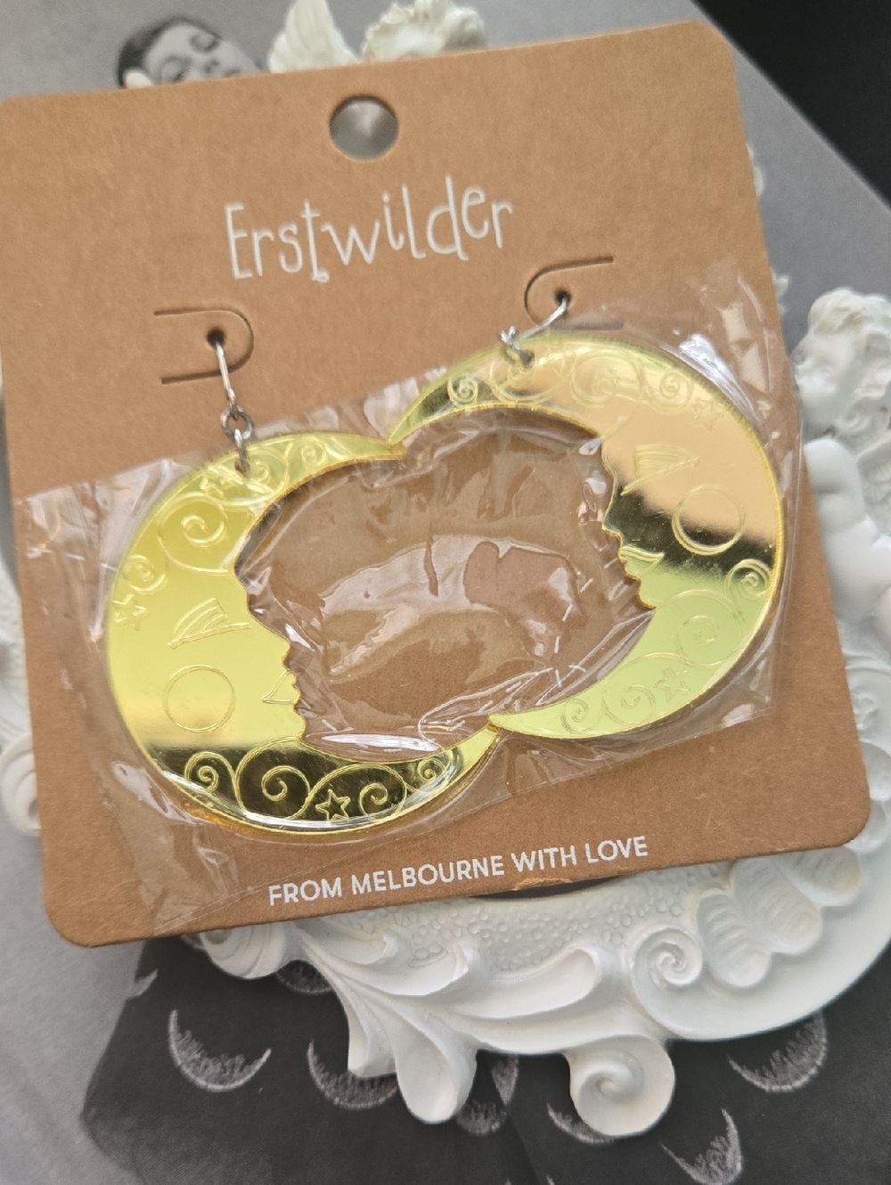 Erstwilder Gold Crescent Moon Earrings, NWT Still In Packaging